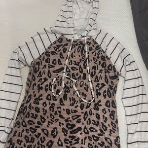 Leopard Print Hoodie with Striped Sleeves